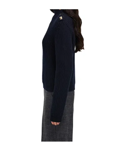 Ferragamo Wool Blend Sweater Button Shoulder Mock Neck In Blue