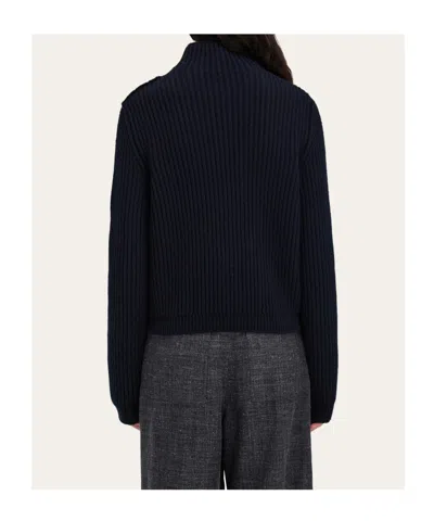 Ferragamo Wool Blend Sweater Button Shoulder Mock Neck In Blue