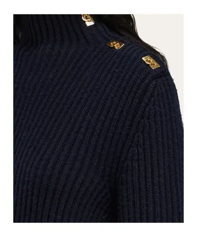 Ferragamo Wool Blend Sweater Button Shoulder Mock Neck In Blue