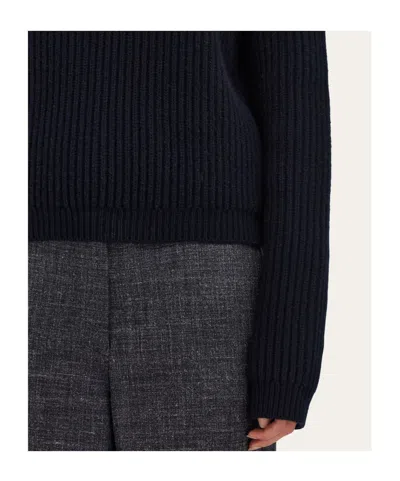 Ferragamo Wool Blend Sweater Button Shoulder Mock Neck In Blue