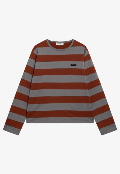 Miu Miu Cotton T-shirt With Striped Pattern In Gray