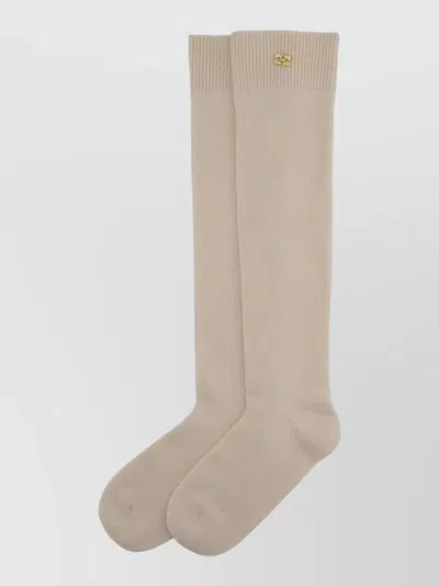 Ganni Wool Socks Knee High Ribbed Cuff In Neutral