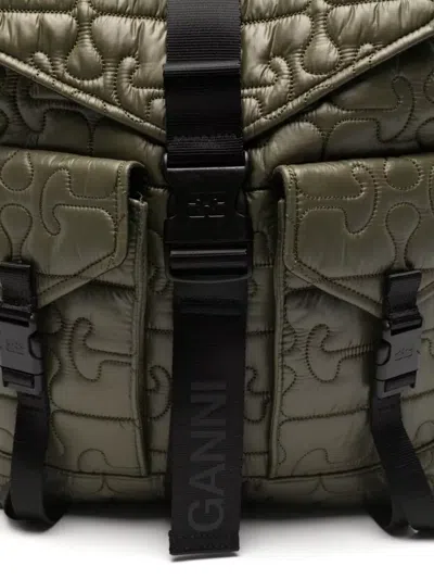 Ganni Nylon Backpack Quilt Pattern Top Handle In Green