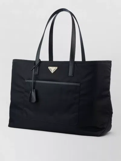 Prada Rectangular Tote Bag Top Handles Front Pocket In Black