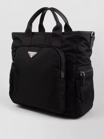 Prada Rectangular Tote Bag Top Handles Side Pockets In Black