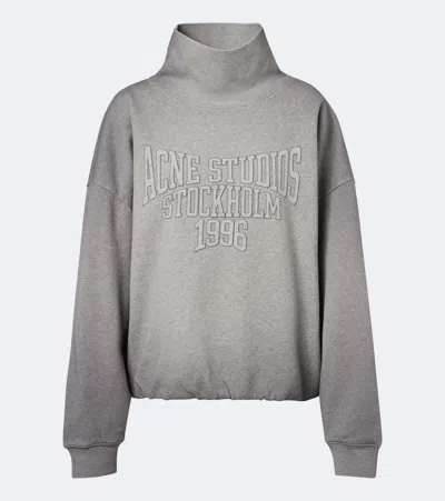 Acne Studios Brushed Cotton Fleece Funnel Neck Logo Sweatshirt With Balloon Hem In Gray