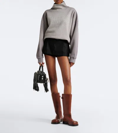 Acne Studios Brushed Cotton Fleece Funnel Neck Logo Sweatshirt With Balloon Hem In Gray