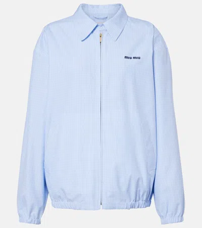 Miu Miu Gingham Cotton Collared Zip Jacket In Blue