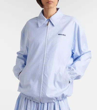 Miu Miu Gingham Cotton Collared Zip Jacket In Blue