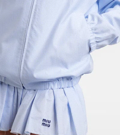 Miu Miu Gingham Cotton Collared Zip Jacket In Blue
