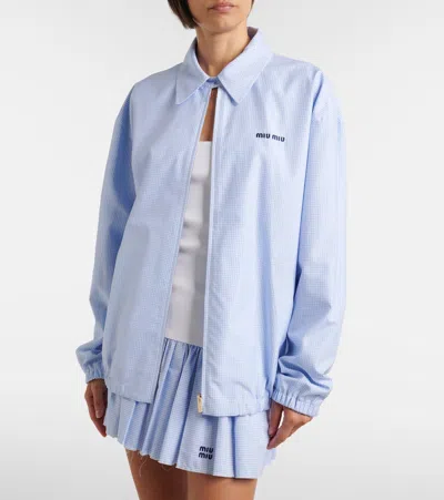 Miu Miu Gingham Cotton Collared Zip Jacket In Blue
