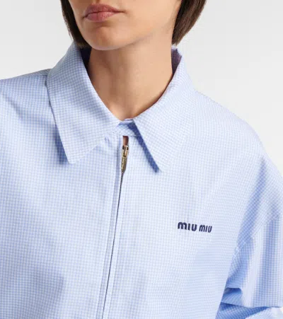 Miu Miu Gingham Cotton Collared Zip Jacket In Blue