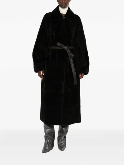 Blancha Belted Shearling Coat In Black