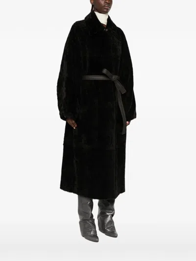 Blancha Belted Shearling Coat In Black