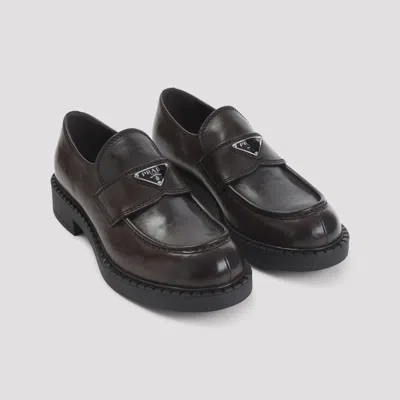 Prada Chocolate Brushed Leather Loafers In Brown