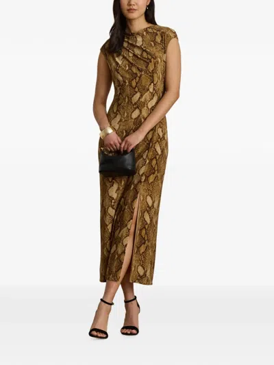 Ralph Lauren Python-print Jersey Cap-sleeve Midi Dress In Brown