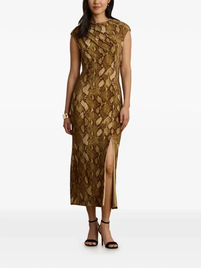 Ralph Lauren Python-print Jersey Cap-sleeve Midi Dress In Brown