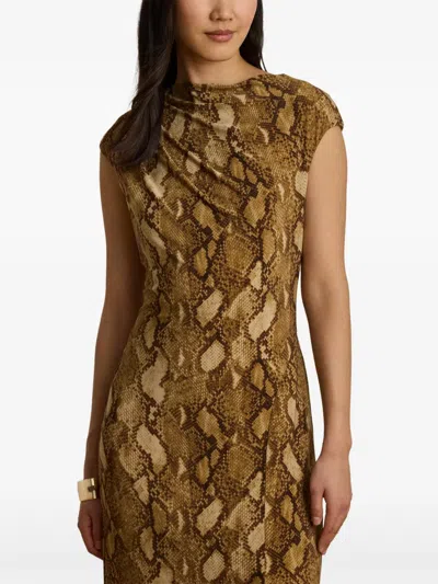 Ralph Lauren Python-print Jersey Cap-sleeve Midi Dress In Brown