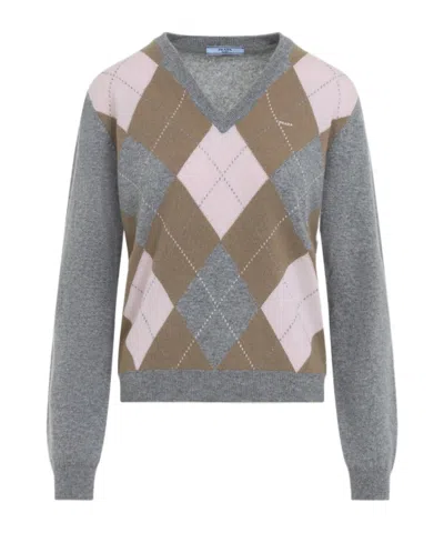 Prada Argyle-pattern V-neck Cashmere Sweater In Gray