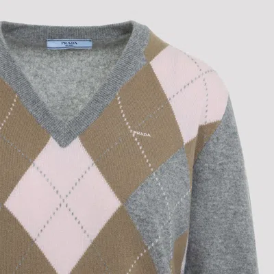 Prada Argyle-pattern V-neck Cashmere Sweater In Gray