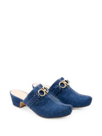 Ferragamo Denim Gancini-detail Mules In Blue