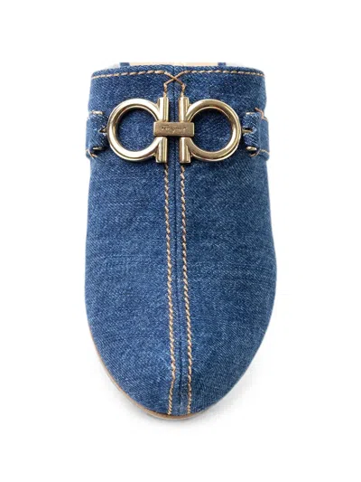 Ferragamo Denim Gancini-detail Mules In Blue