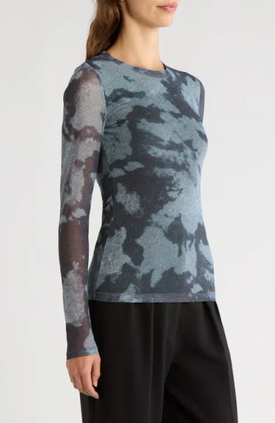 Rag & Bone Yana Printed Mesh Long Sleeve Tee Silver Multi In Blue