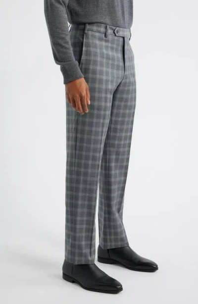 Zanella Devon Flat Front Plaid Wool Dress Pants In Gray