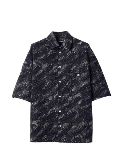 Jacquemus Rio Fish Print Shirt Short Sleeves Pocket In Gray