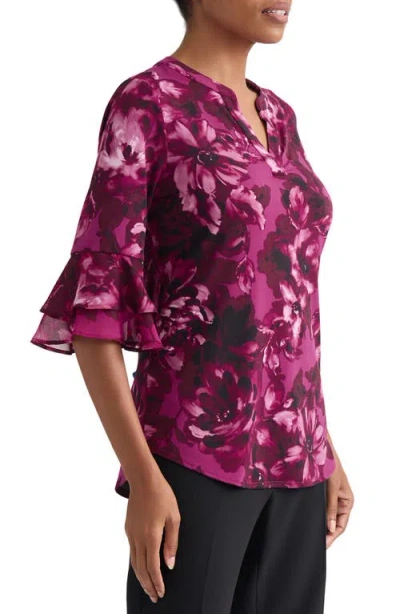 Kasper Floral Print Ruffle Sleeve Top In Multi