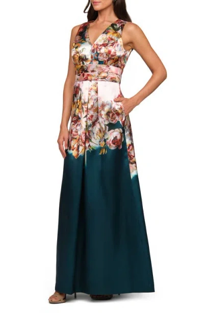 Kay Unger Mariah Sleeveless Floral Mikado Gown In Multi