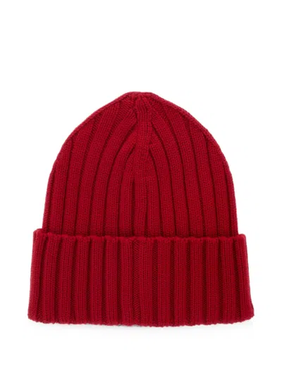 Moncler Cable-knit Wool Beanie With Logo In Burgundy In Brown