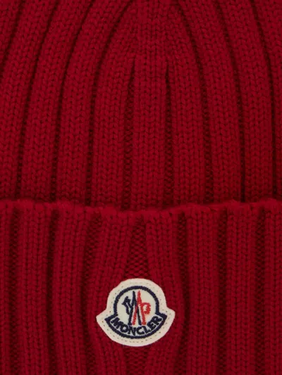 Moncler Cable-knit Wool Beanie With Logo In Burgundy In Brown