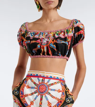 Dolce & Gabbana Carretto Off-the-shoulder Cropped Printed Cotton-poplin Top In Multi