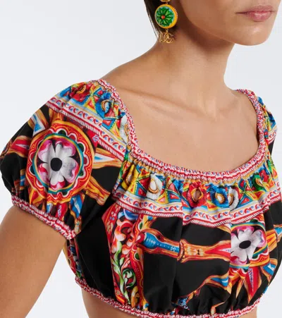 Dolce & Gabbana Carretto Off-the-shoulder Cropped Printed Cotton-poplin Top In Multi