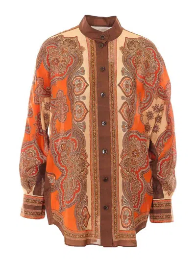 Zimmermann Tangerine Paisley-print Silk Habotai Mahon Dolman Shirt In Brown