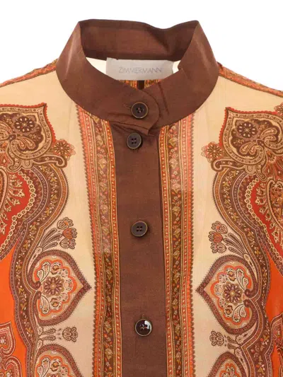 Zimmermann Tangerine Paisley-print Silk Habotai Mahon Dolman Shirt In Brown