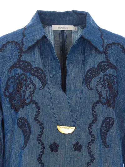 Zimmermann Womens Railway Blue Aster Embroidered Denim Midi Dress Xxs In Burgundy