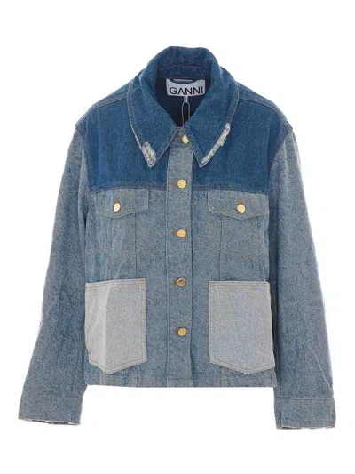 Ganni Patchwork Denim Short Jacket Mid Blue Vintage In Blue