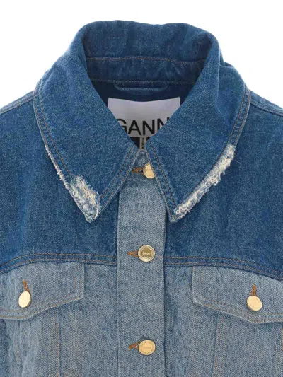 Ganni Patchwork Denim Short Jacket Mid Blue Vintage In Blue