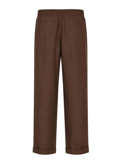 Alpha Studio Chocolate Linen Trousers In Multi