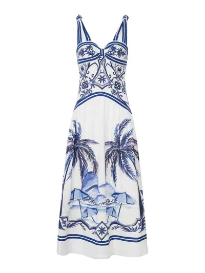 Farm Rio Fitted Linen Long Dress With Wonderful City Print And Striped Shoulder Straps In White