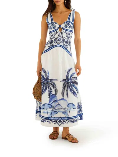 Farm Rio Fitted Linen Long Dress With Wonderful City Print And Striped Shoulder Straps In White
