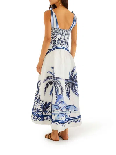 Farm Rio Fitted Linen Long Dress With Wonderful City Print And Striped Shoulder Straps In White