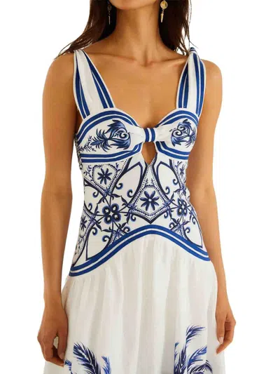 Farm Rio Fitted Linen Long Dress With Wonderful City Print And Striped Shoulder Straps In White