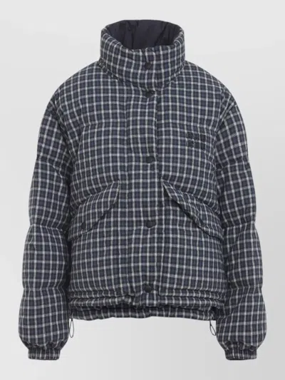 Miu Miu Jacket High Collar Checked Pattern Pockets Quilted In Blue