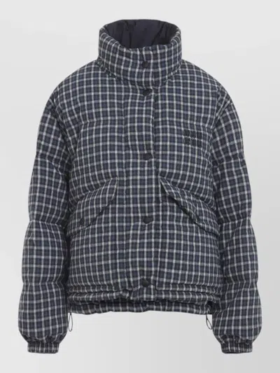 Miu Miu Jacket High Collar Checked Pattern Pockets Quilted In Blue