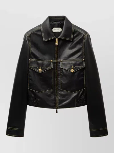 Versace Leather Collared Coat Front Pockets Stitching In Black