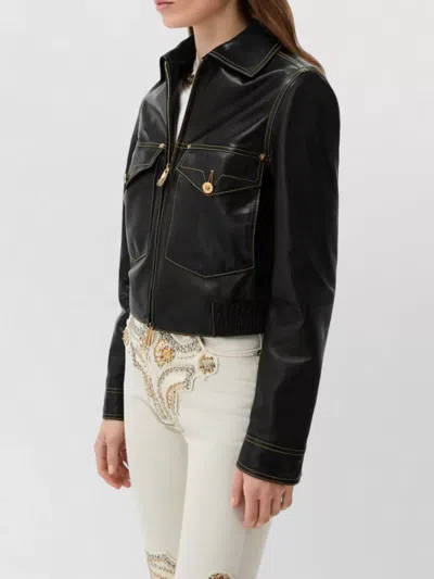 Versace Leather Collared Coat Front Pockets Stitching In Black