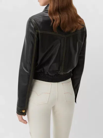 Versace Leather Collared Coat Front Pockets Stitching In Black